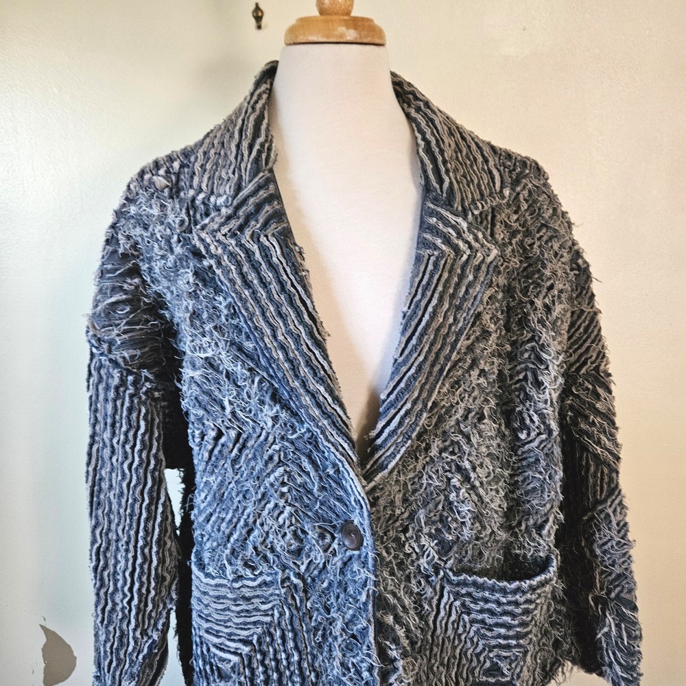 Vintage‎ Art to Wear Textured Denim Streetwear Shaggy Blue/Gray Long Coat Large